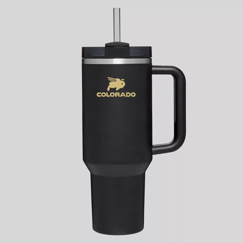 40oz black and gold insulated tumbler with handle and straw