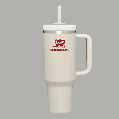 40oz crimson and cream insulated tumbler with handle and straw