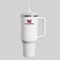 40oz Insulated Tumbler with handle and straw in white with Crimson Alabama logo.