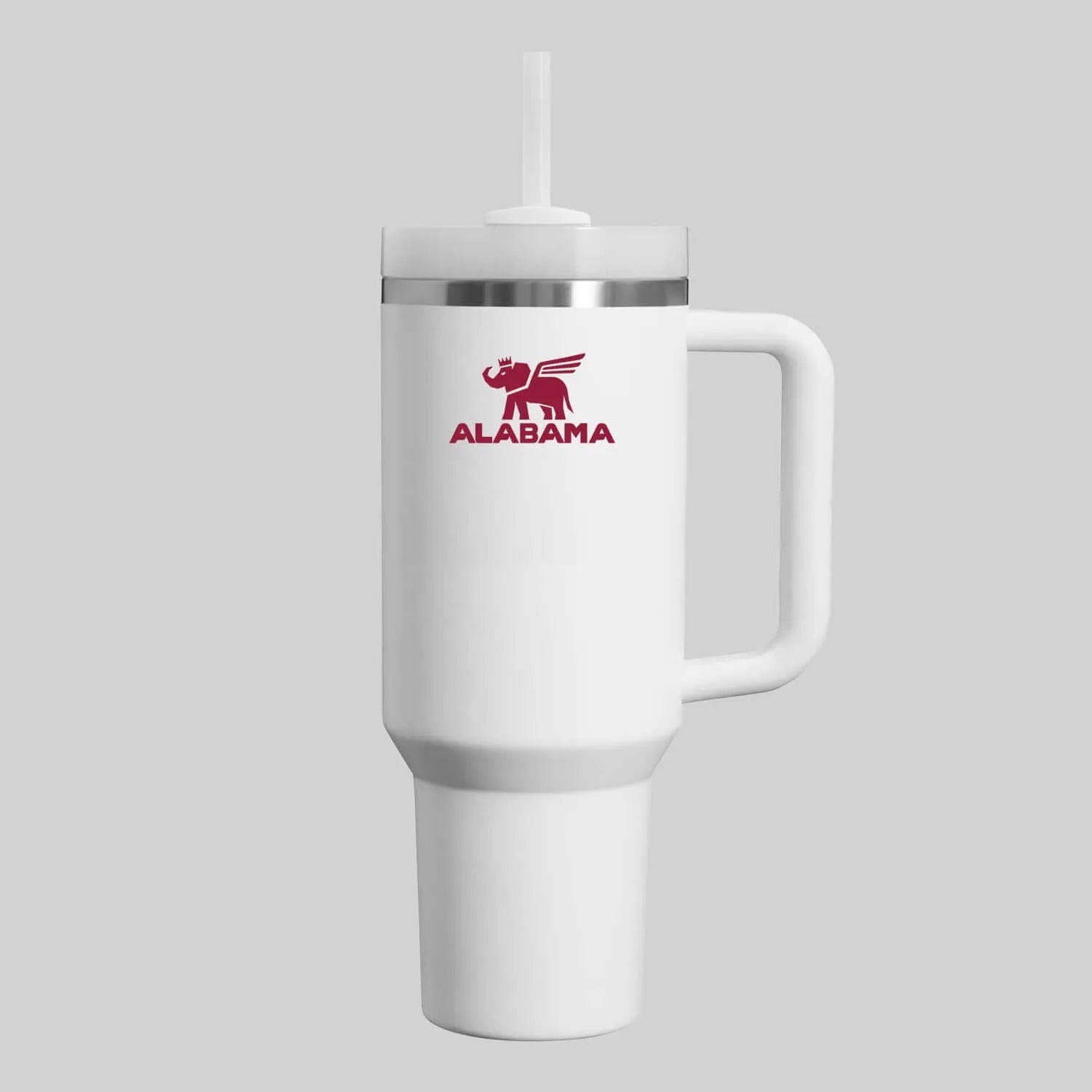 40oz Insulated Tumbler with handle and straw in white with Crimson Alabama logo.