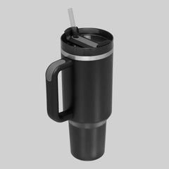 Black Colorado tumbler with a rotating lid, straw opening, wide mouth, and handle, perfect for college tailgating and long commutes.