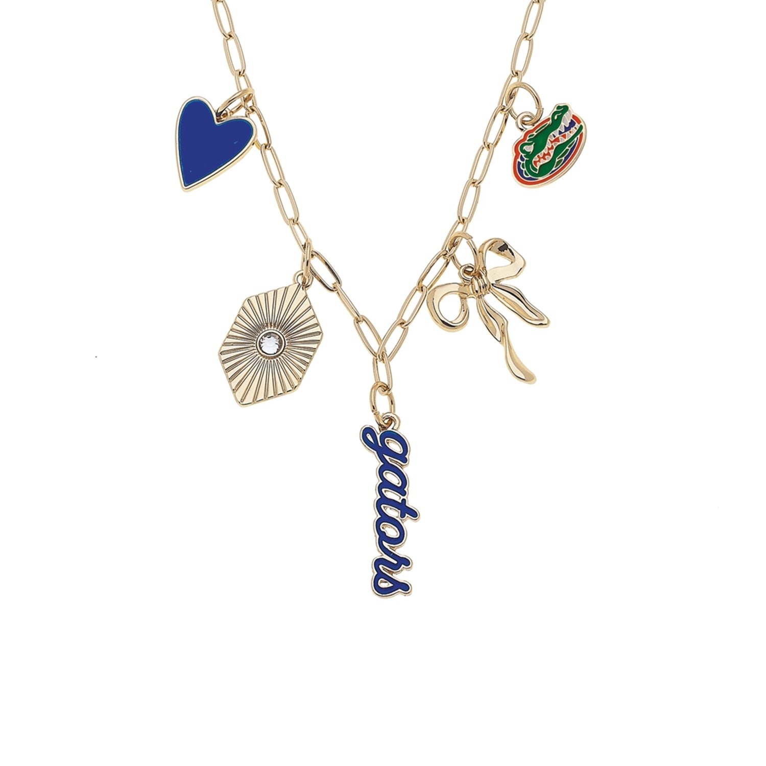 blue and orange gameday charm necklace with lightweight gold plated chain