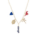Blue and red charm necklace with gold paperclip chain gameday jewelry