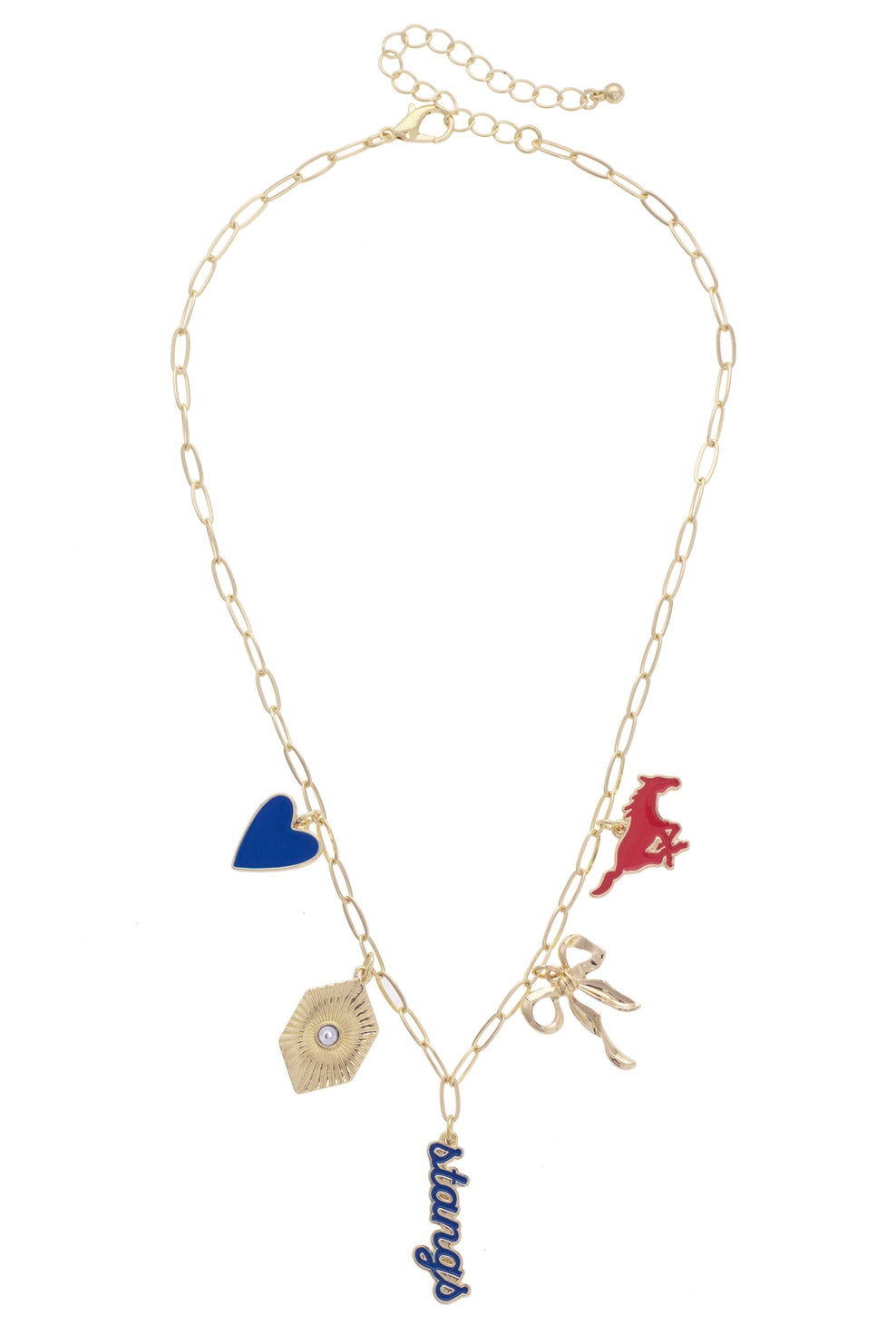 team-inspired blue red charm necklace with gold enamel accents