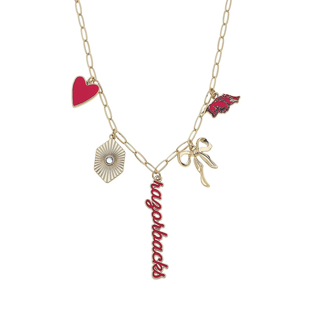 Red and gold gameday charm necklace with paperclip chain styling