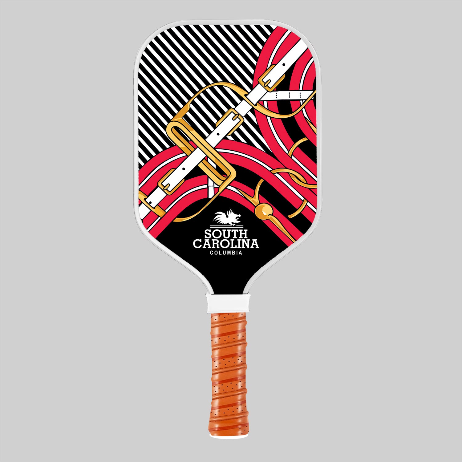 South Carolina themed pickleball paddle with red, black, and gold design and orange grip