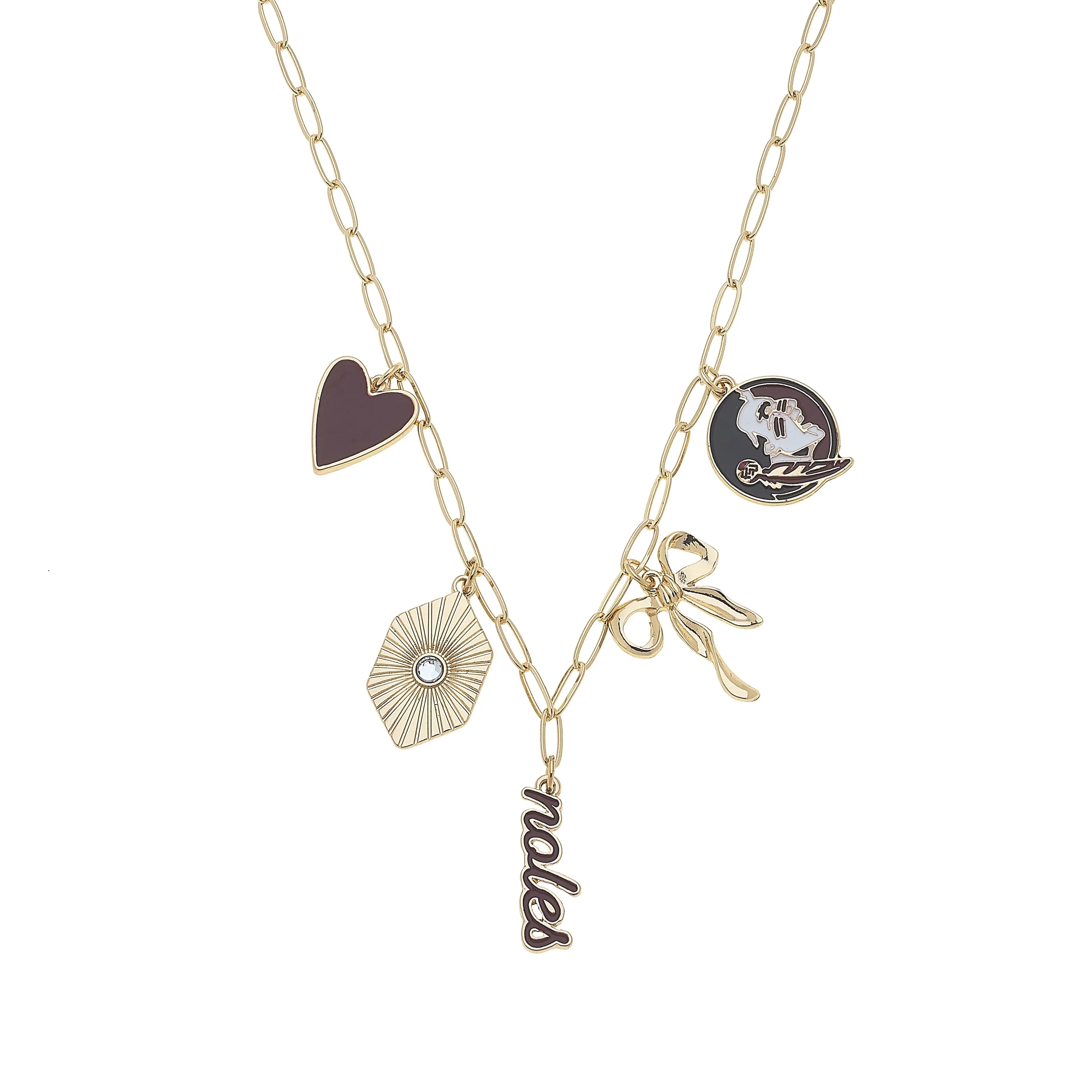 Garnet and gold charm necklace with gold paperclip chain gameday jewelry