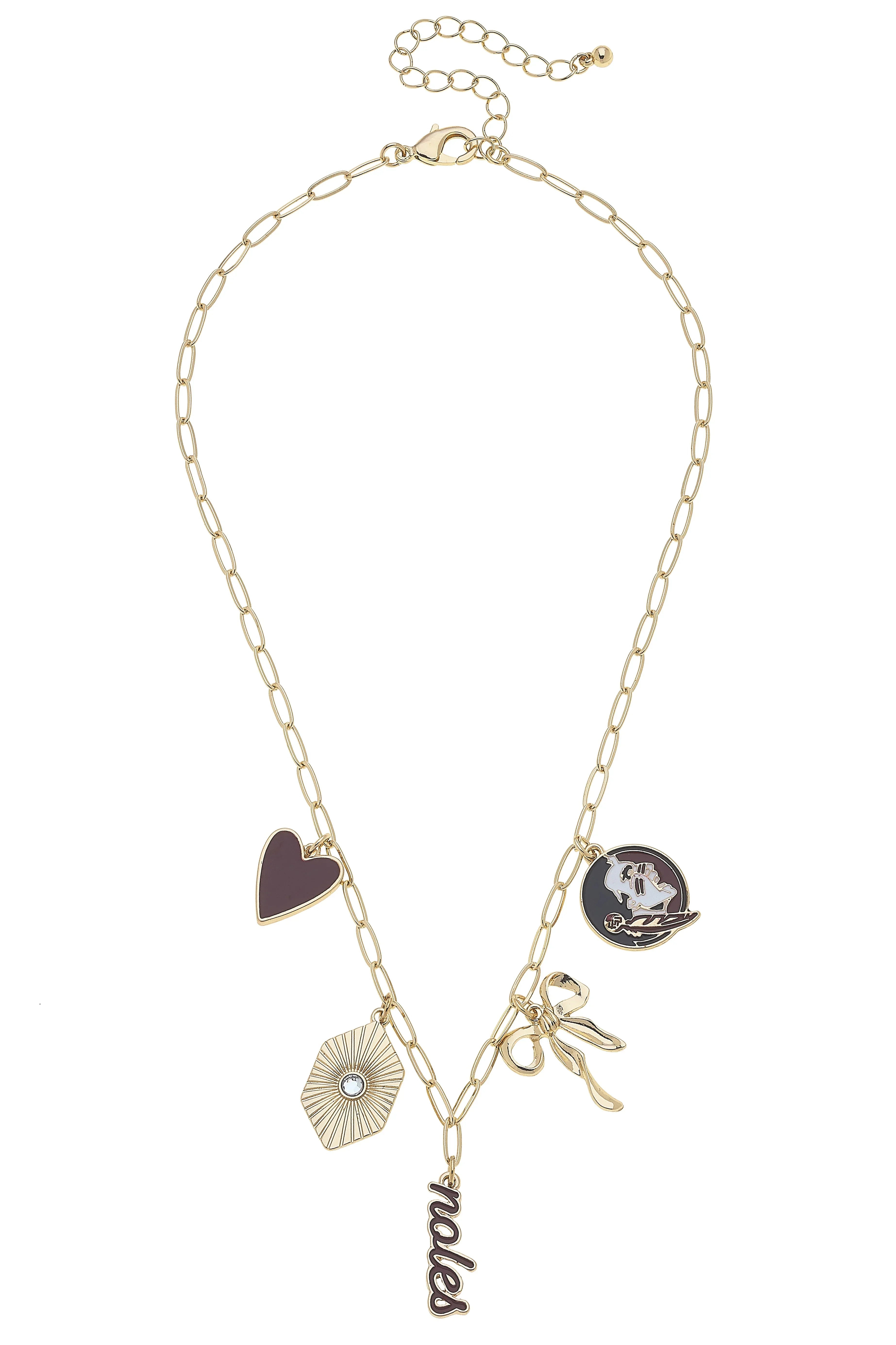 Team-inspired garnet gold charm necklace for gameday outfits and fan gifts
Gold charm necklace with garnet and gold enamel accents
