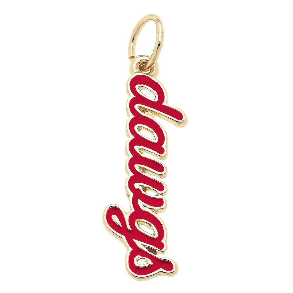 Gameday necklace pendant charm featuring red text with a gold outline for sports fans.