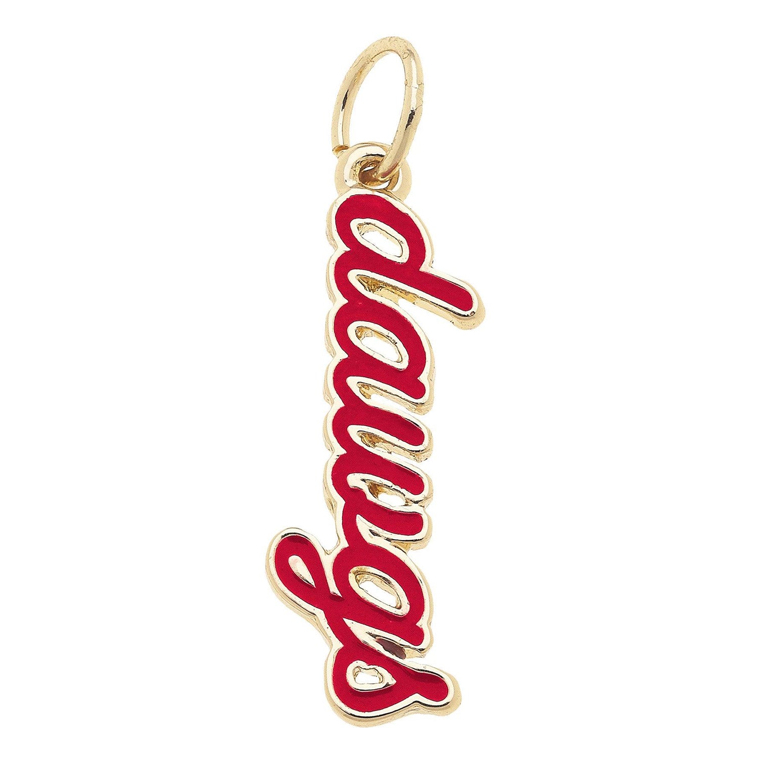 Gameday necklace pendant charm featuring red text with a gold outline for sports fans.