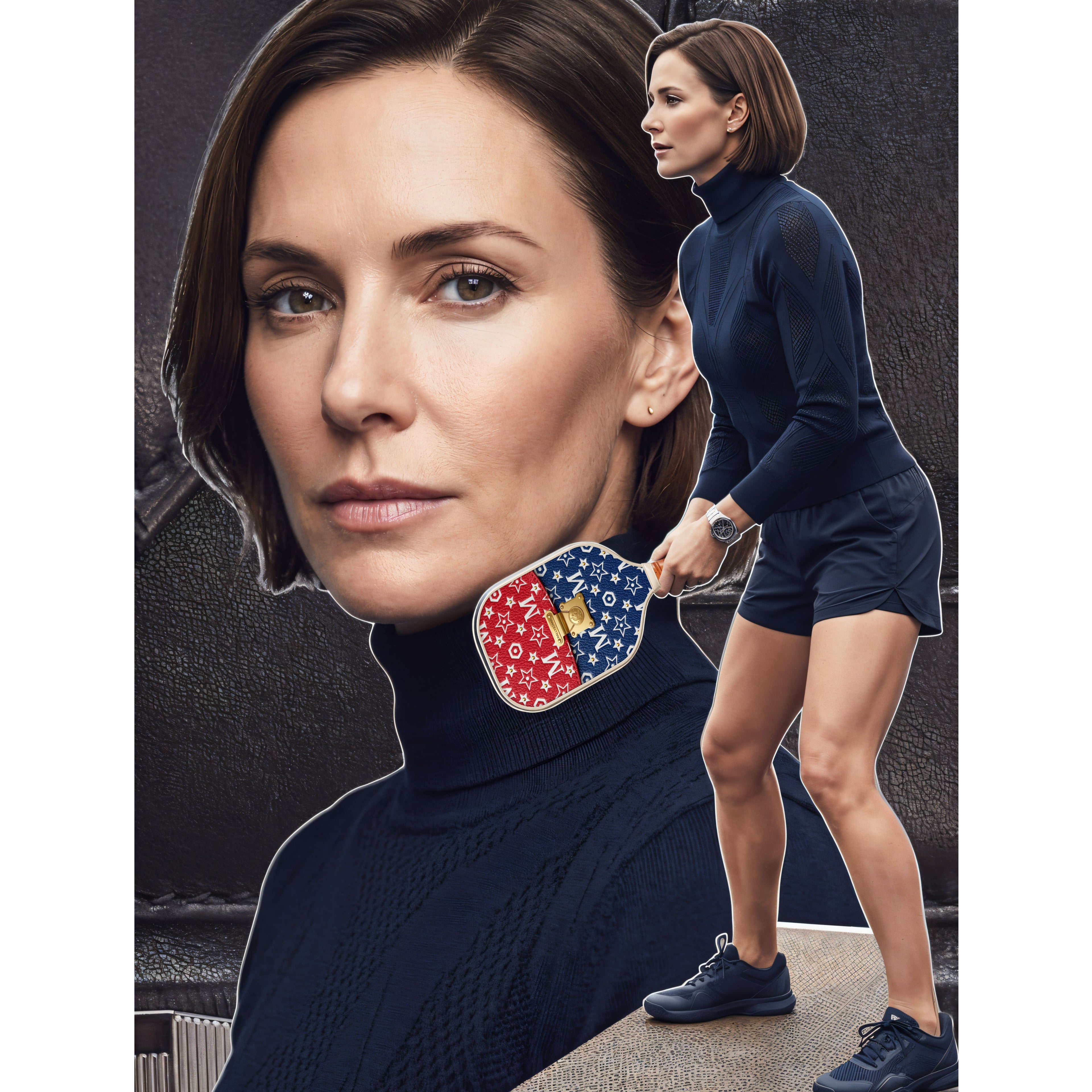 Premium player on the court holding a luxury red, white, and blue patterned RallyStand pickleball paddle mid-swing.