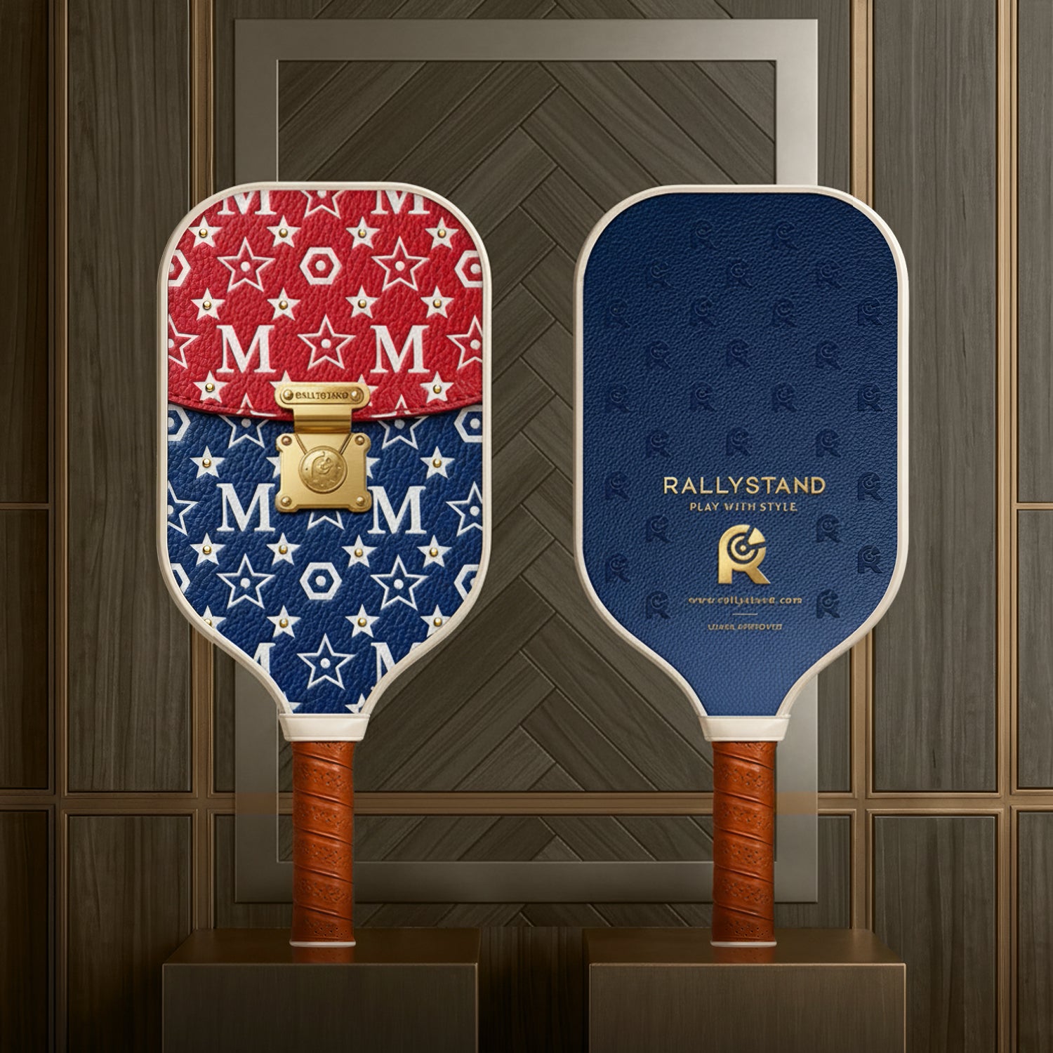 Upscale college pickleball paddle with stars and gold clasp details displayed on a rich wood studio background.
