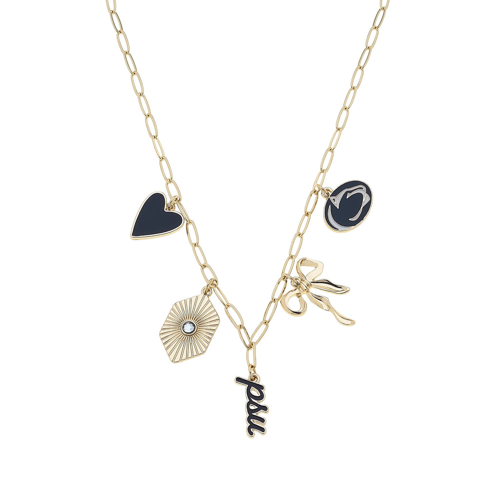 Navy and white charm necklace with gold paperclip chain gameday jewelry