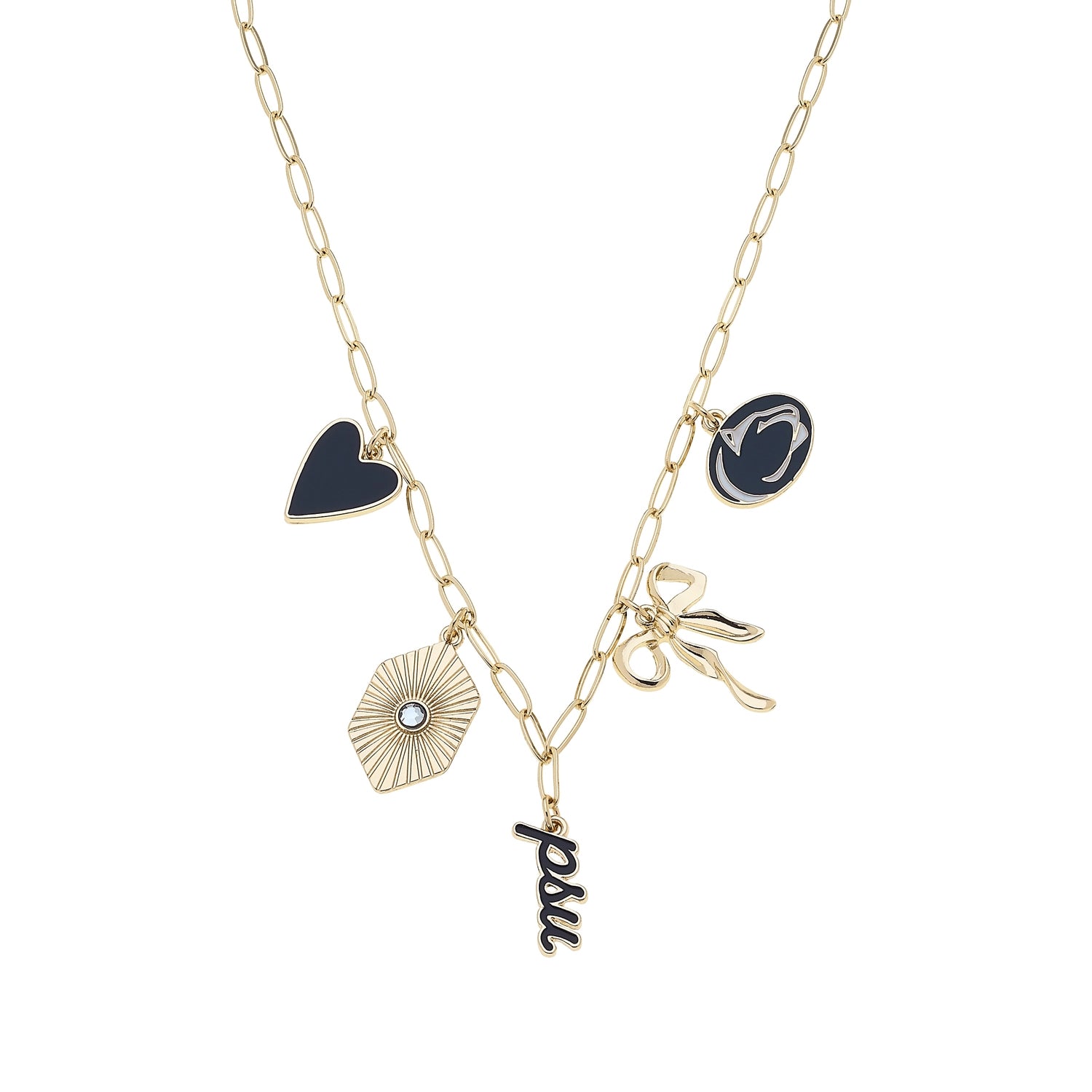 Navy and white charm necklace with gold paperclip chain gameday jewelry