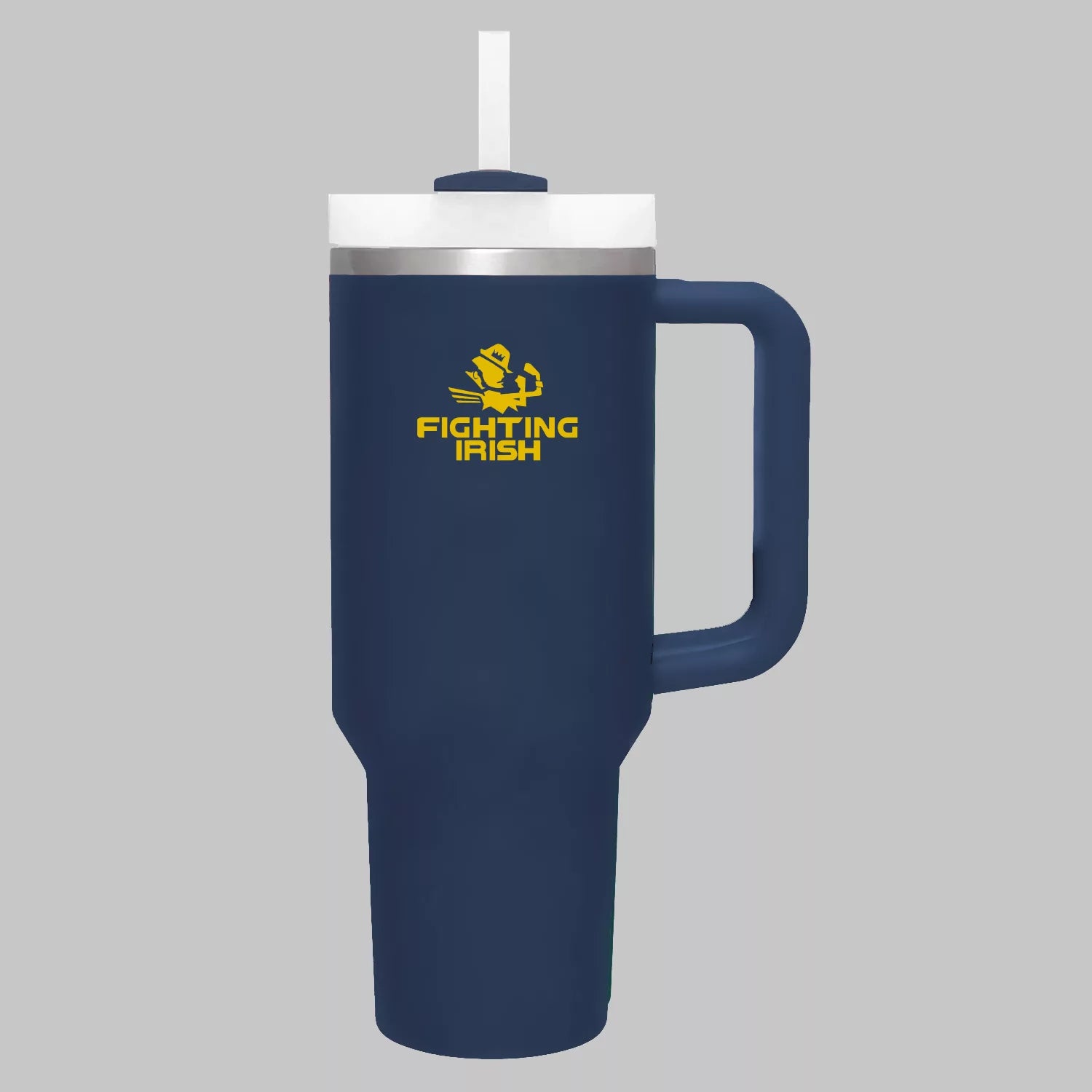 Front view of the 40 oz Notre Dame tumbler with handle, 3-position lid, and iconic Fighting Irish logo.