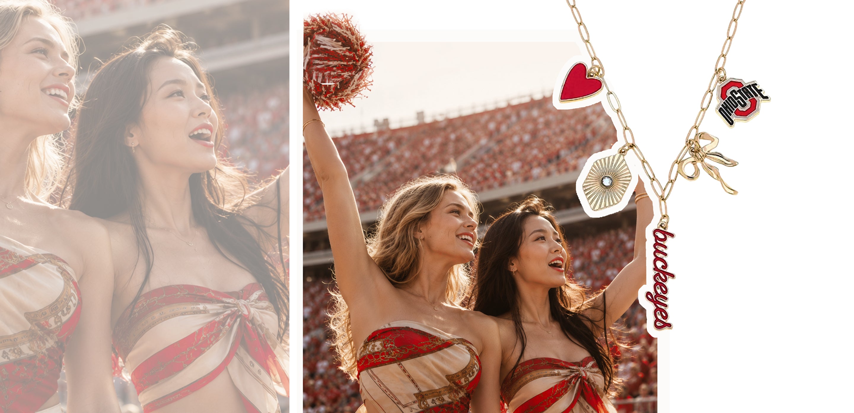 Two women in cheerleading outfits with a necklace featuring a heart and circular pendant, displayed against a stadium background.