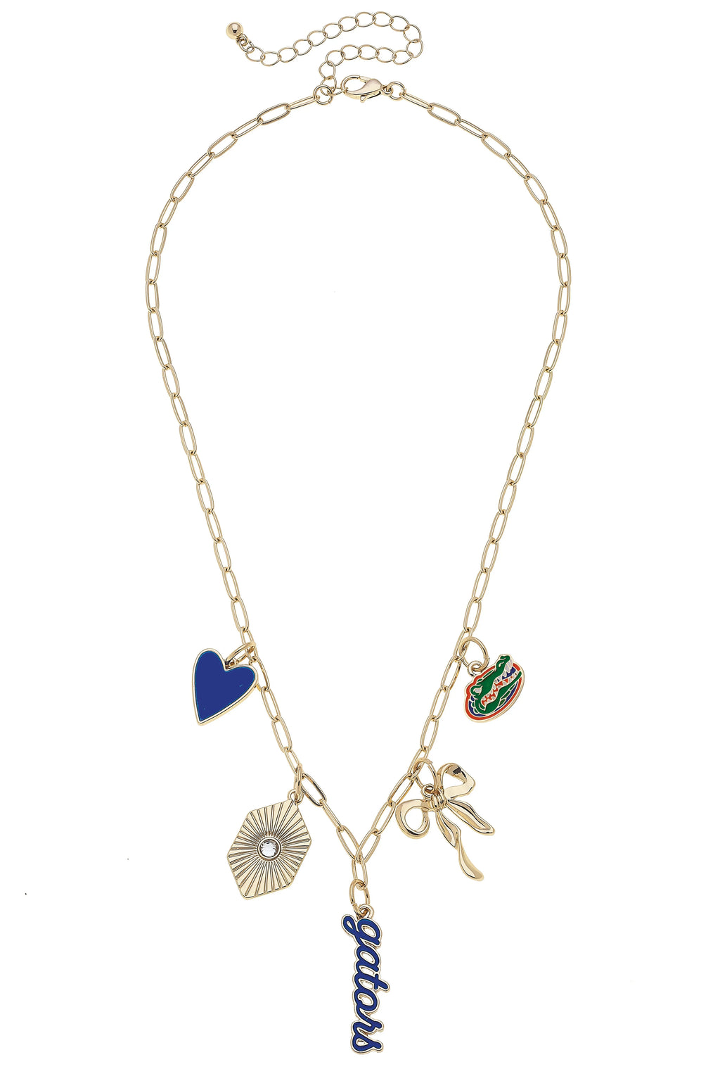 Orange and blue gameday charm necklace with paperclip chain styling