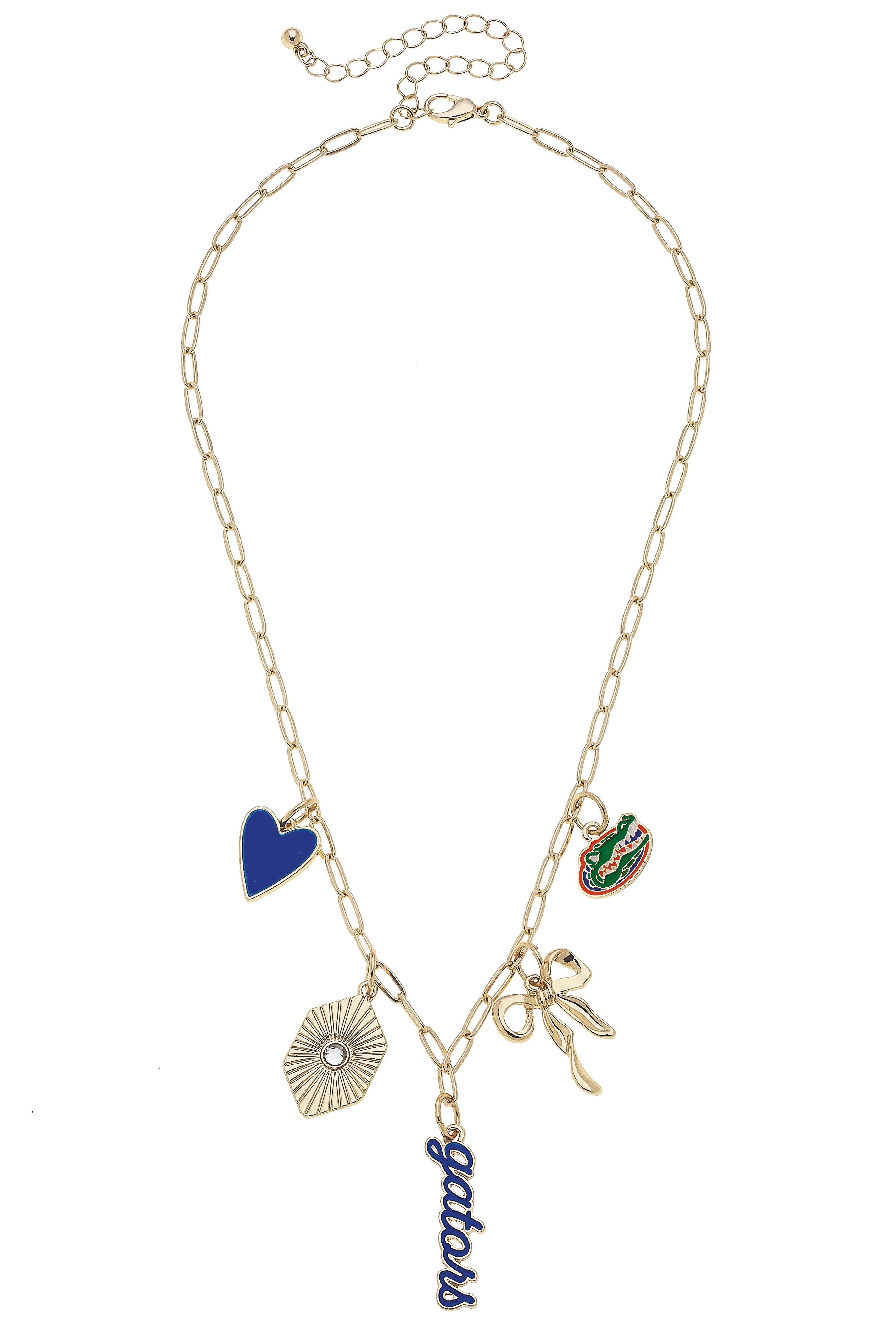 Orange and blue gameday charm necklace with paperclip chain styling