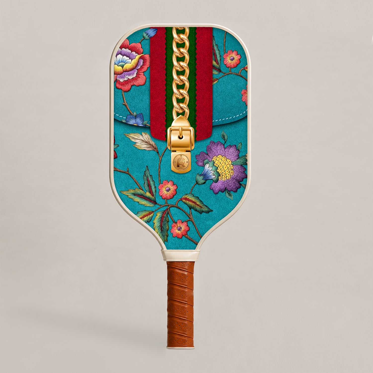 Front view face of RallyStand luxury designer pickleball paddle featuring a teal monogram pattern, red and green stripes, golden zipper graphic, and vibrant floral embroidery details. Main image