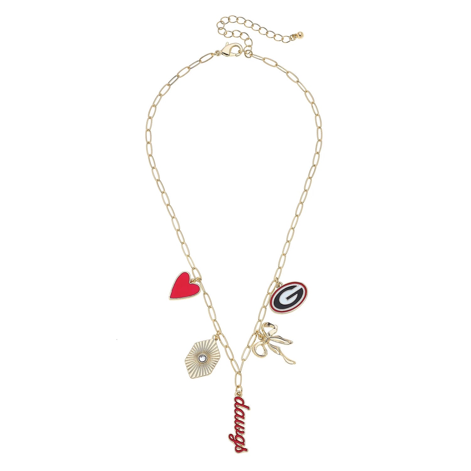 Gameday necklace featuring layered charms on a gold chain, perfect for sports fans on game day.