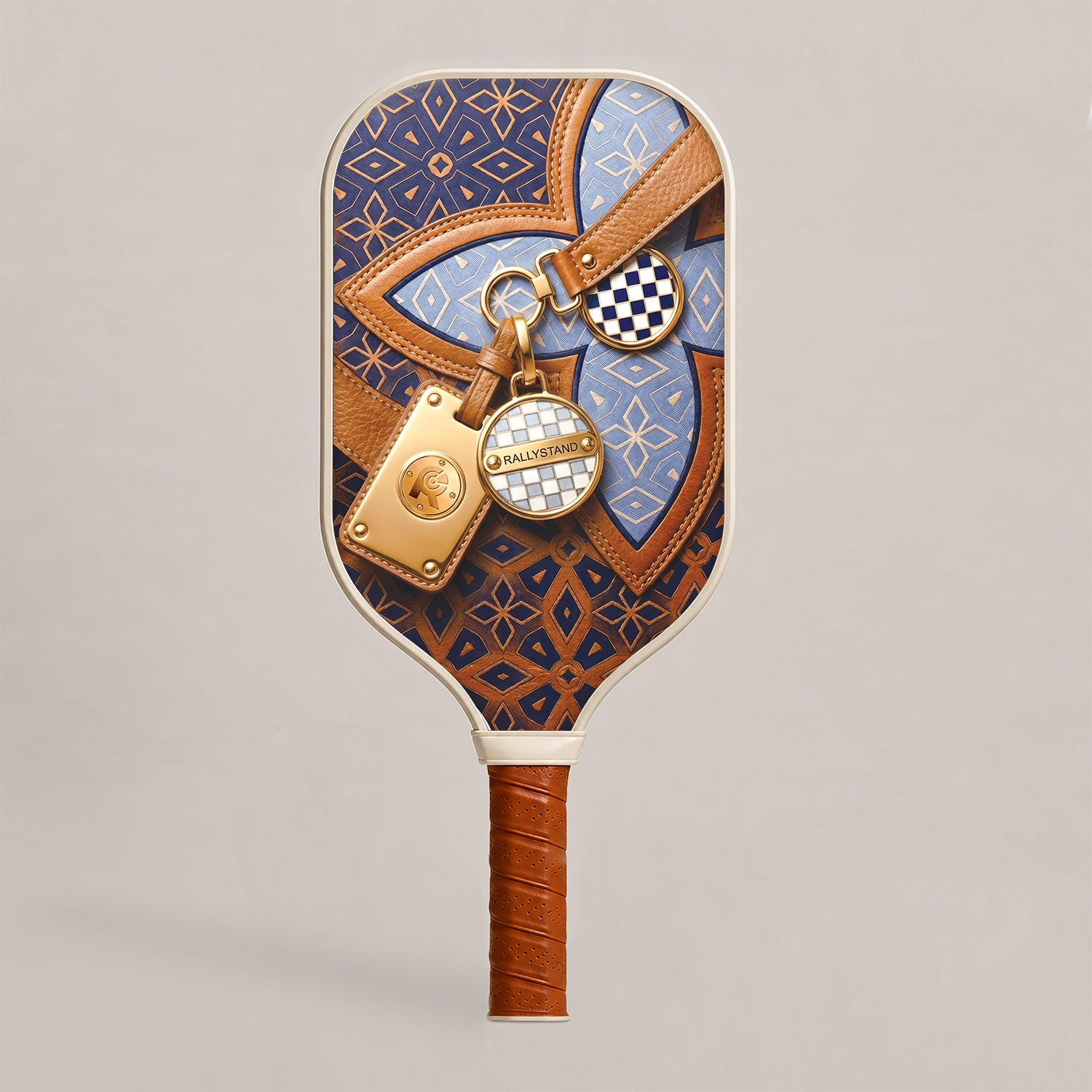 Front view of RallyStand's Grand Trunk pickleball paddle in blue, showcasing a luxury monogram pattern, brown leather graphics, and engraved gold luggage tags. Main image